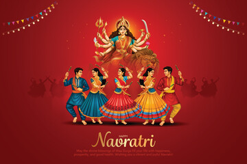 Fototapeta na wymiar Navratri or Garba Night poster for Dussehra festival of India. Creative vector illustration design of people playing Dandiya dance.