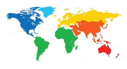 Obraz premium Colorful global landmass illustration delineating continents on a white backdrop presenting geographical regions and continental demarcations in