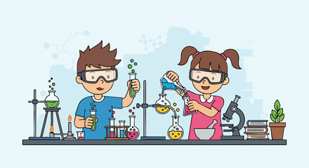 Enthusiastic young scientists exploring the wonders of scientific discovery in a colorful and engaging cartoon laboratory setting for educational