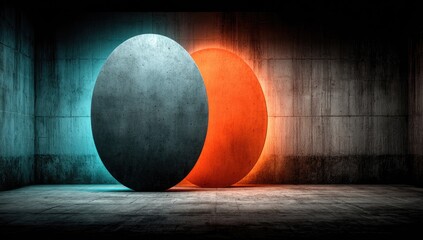 Two large, contrasting spheres in a dark, concrete room