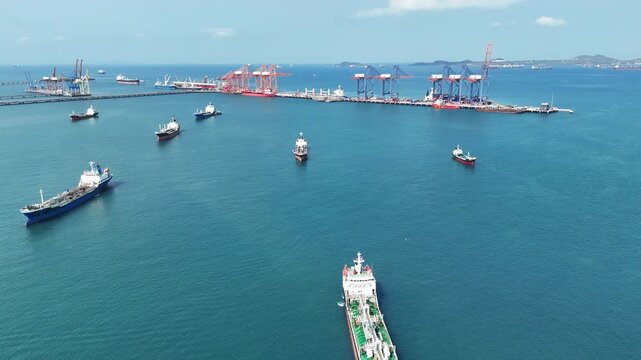 Many Oil Crude Gas Tanker Ship, Cargo container Ship offshore mooring at Ocean Bay Petroleum Chemical export import transportation and logistics