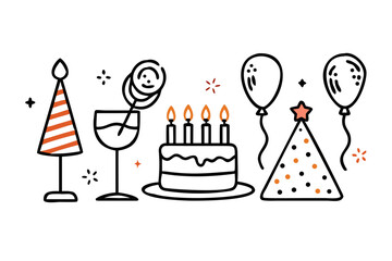 Vector art of birthday party elements in outline style