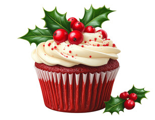 Red Velvet Christmas Cupcake with Holly Topping – Transparent Background