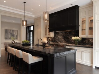 A sophisticated kitchen boasts dark cabinetry accented by a dramatic backsplash of black and white granite, creating a stylish and modern aesthetic.