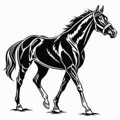 Elegant Black and White Horse Illustration Majestic Equine Artwork in Motion Graceful Horse with Bridle Detailed Vector Graphics