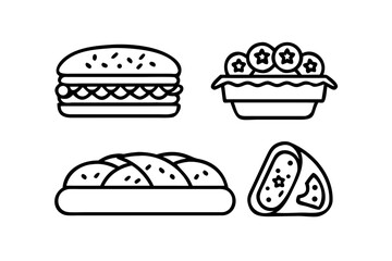 Vector art of food icons with burger, salad, bread and pastry