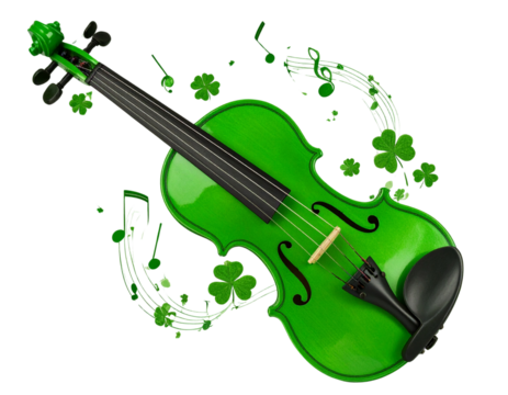 Angled Green Violin with Musical Notes and Shamrock Accents, Transparent Background PNG
