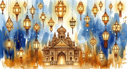 Obraz premium Watercolor illustration of indian lanterns and temple for diwali celebration