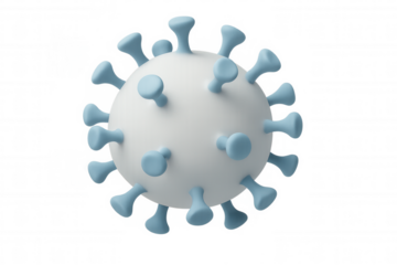 Coronavirus model with blue spikes and white core, isolated on transparent background, representing global pandemic threat