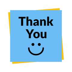 Thank you message on a blue sticky note with a smiley face on transparent background