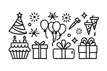 Fototapeta premium Birthday party celebration with cake, balloons, gifts and hat