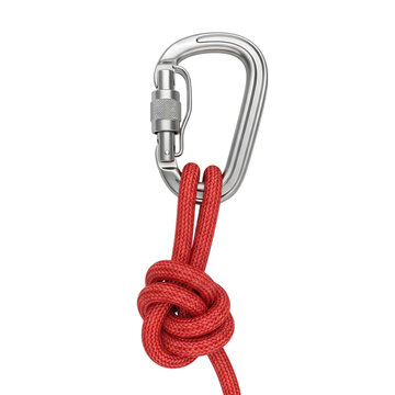 Close up of metal carabiner clip securing a thick red rope tied with a strong knot isolated on transparent background