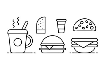 Fast food line art icons, coffee and burgers