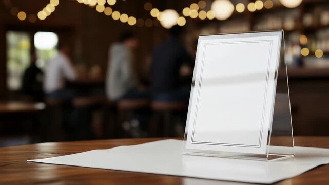 Menu display on a table in a restaurant setting, lights blurred behind