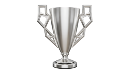 Shiny silver trophy cup with modern geometric handles displaying victory and achievement award isolated on transparent background