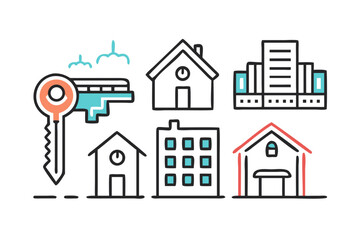 Real estate icons with house, building, key, and apartment