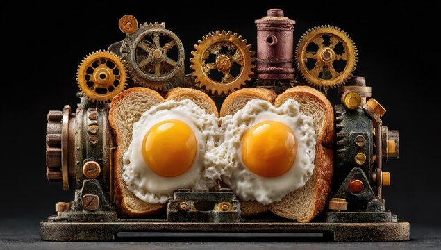 Fried eggs on toast, steampunk-style machine