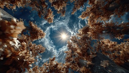 Fototapeta premium Autumnal sky, viewed from below dense foliage