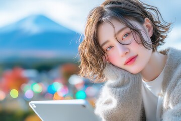 リモートワークする若い日本人女性