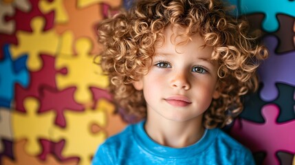 Portrait of curly-haired child against vibrant puzzle piece wall for autism awareness, perfect for educational posters, awareness campaigns