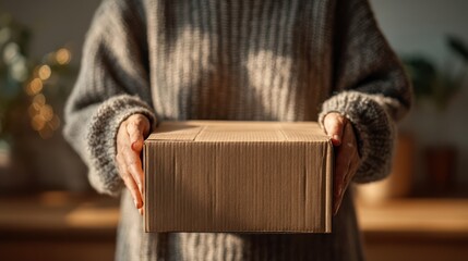 A person in a cozy sweater holds a cardboard box, symbolizing delivery and the excitement of receiving a package at home.