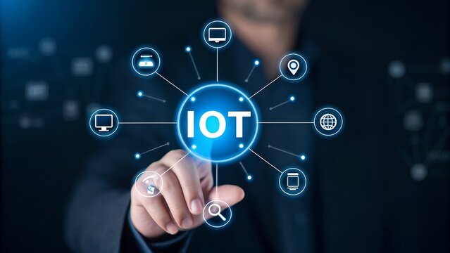 Person interacting with a glowing internet of things network diagram - Powered by Adobe