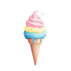 Vibrant rainbow soft serve ice cream cone with dripping glaze, perfect for summer treats
