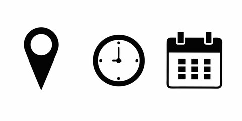 Simple black icons representing location time and calendar on a white background