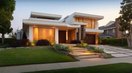 Modern house with flat roof and clean lines during twilight, featuring white walls, dark window frames,