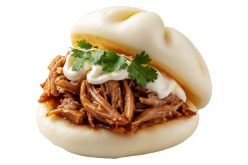 Polynesian steamed bao bun filled with shredded pork, creamy sauce, and cilantro leaves, isolated on white transparent background, concept of Polynesian Snacks Keke Pua street food