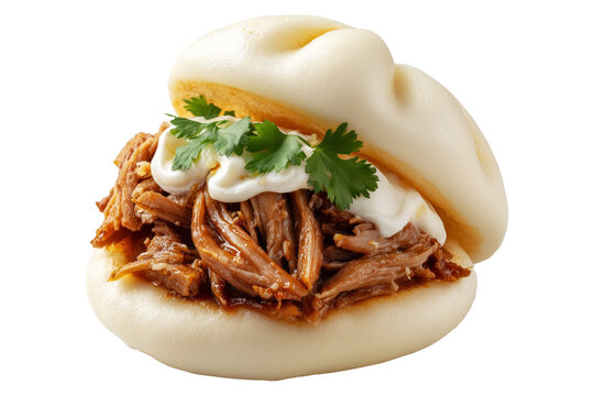 Polynesian steamed bao bun filled with shredded pork, creamy sauce, and cilantro leaves, isolated on white transparent background, concept of Polynesian Snacks Keke Pua street food - Powered by Adobe