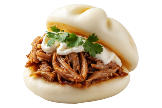 Polynesian steamed bao bun filled with shredded pork, creamy sauce, and cilantro leaves, isolated on white transparent background, concept of Polynesian Snacks Keke Pua street food