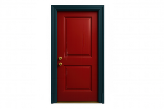 Closed red door with golden knobs on transparent background, perfect for architecture and interior design projects - Powered by Adobe