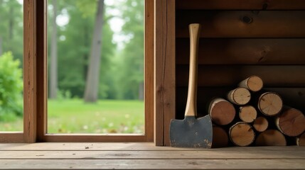 Rustic cabin interior scene featuring a weathered axe and neatly stacked firewood logs by a window overlooking a tranquil forest landscape.