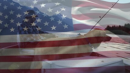 Animation of flag of usa over caucasian man with dog fishing - Powered by Adobe