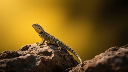A lizard lies quietly on a rock, with a warm yellow background, fully showing natural wild charm.