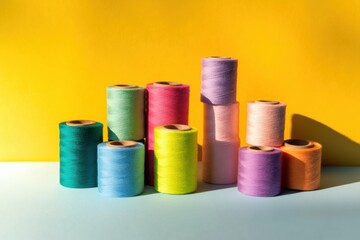 Bright cheerful arrangement of colorful thread bobbins, soft shadows, clean backdrop