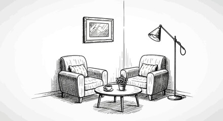 Fototapeta premium Cozy living room nook in a minimalist sketched black and white style