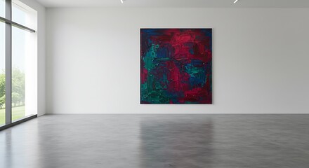 Striking Abstract Painting in a Modern, Minimalist Art Gallery Space with Expansive Windows