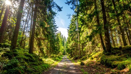Lush forest path bathed in sunlight