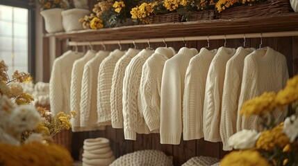 Cream sweaters on wooden display
