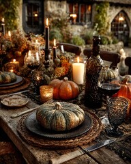 Naklejka premium Morning light on feast table with assorted pumpkins, candles, and seasonal flourish