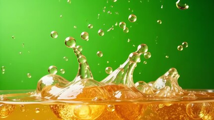 Dynamic liquid splash with airborne droplets against a vibrant green background