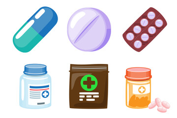 Set of medicine and drug cartoon illustration . Vector .