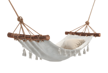 Cozy fabric hammock with pillow and tassels, isolated on transparent cutout background