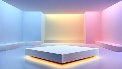 Pastel-toned, empty room with a central, lit podium