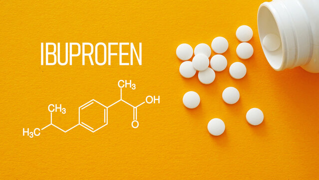 Ibuprofen Nonsteroidal anti-inflammatory drug NSAID as pain relief and Inflammation pills with text and formula