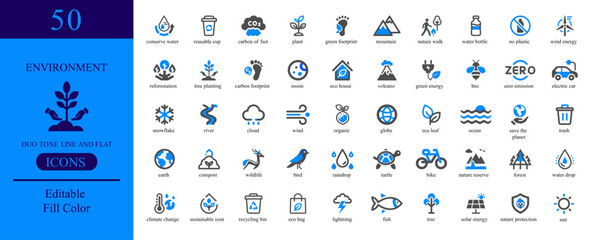 Vector art of vector set of 50 line and fill icons on the theme of environment, ecology and nature