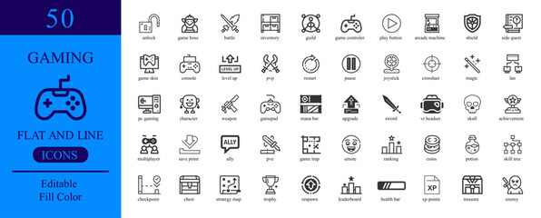 Vector art of collection of 50 gaming icons in filled and outlined style, perfect for game development and esports related projects
