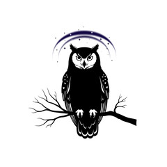 Wise owl perched on a branch under a starry night sky with crescent moon arcs